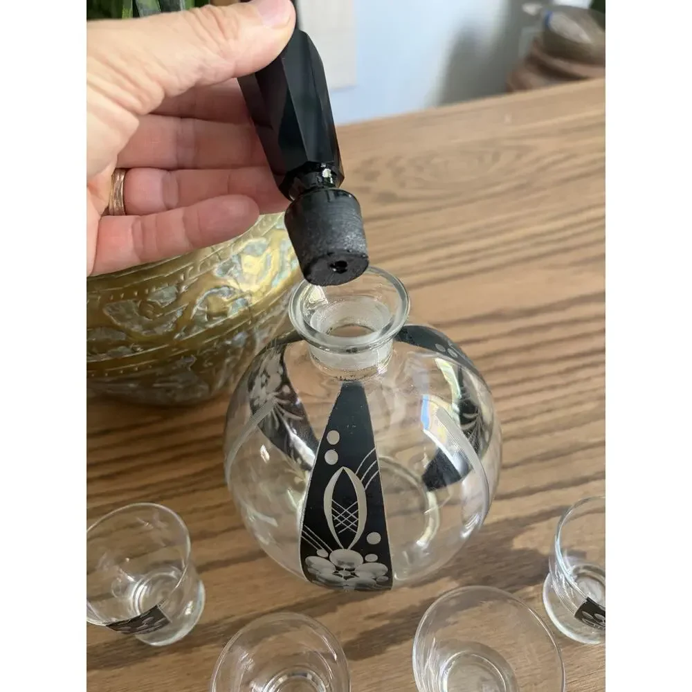 Vintage 1930s Bohemian Glass Decanter Set With Shot Glasses Black Art Deco Glass